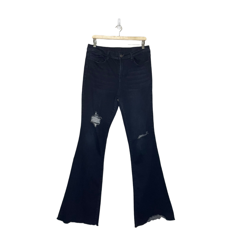 YMI Flared Jeans Womens X Large XL Blue Dark Wash Destroyed High Rise Button Zip